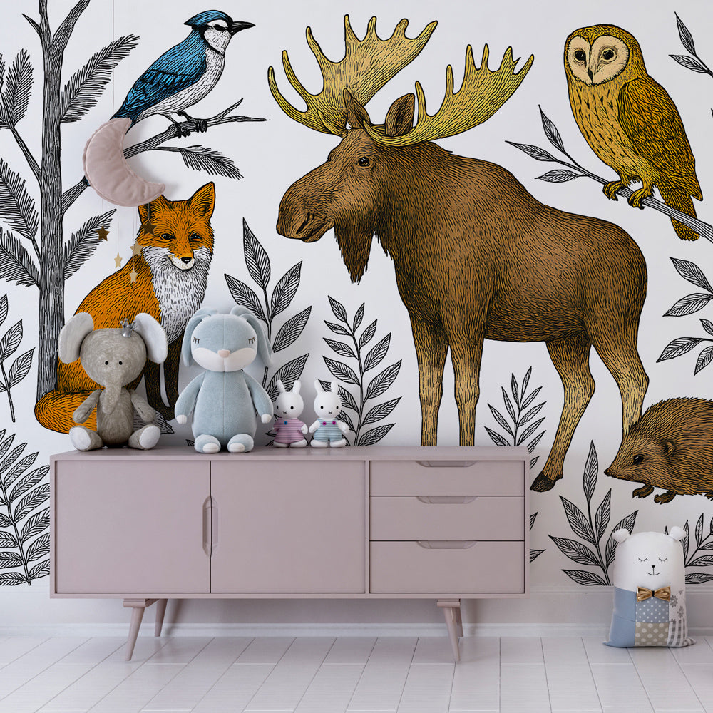 Wildlife nature wallpaper creating woodland themed kids bedroom with natural wooden furniture