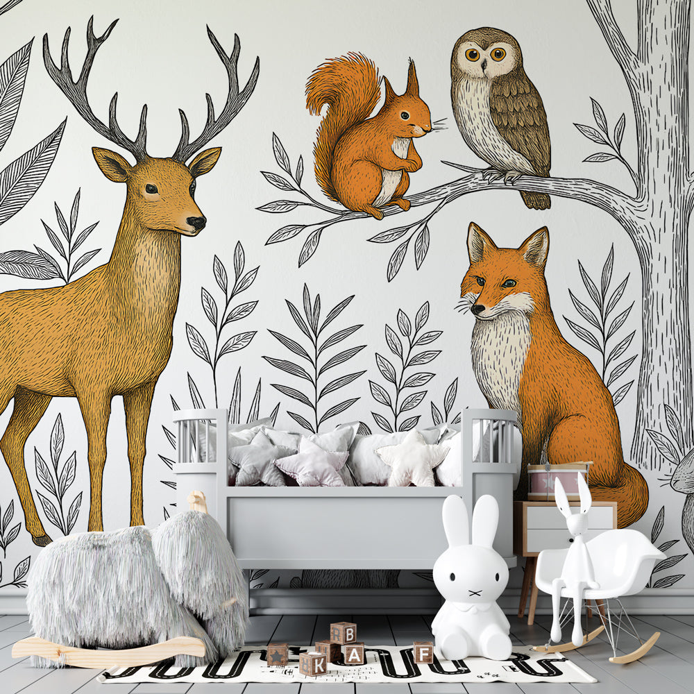 Woodland creatures mural wallpaper with deer and foxes in modern kids bedroom setting