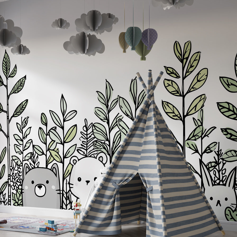 Forest animals wallpaper creating peaceful kids bedroom atmosphere with natural wood furniture