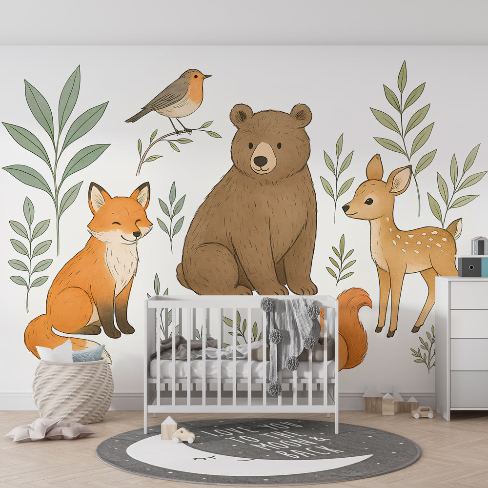Woodland creatures wallpaper transforming modern kids bedroom with natural forest theme