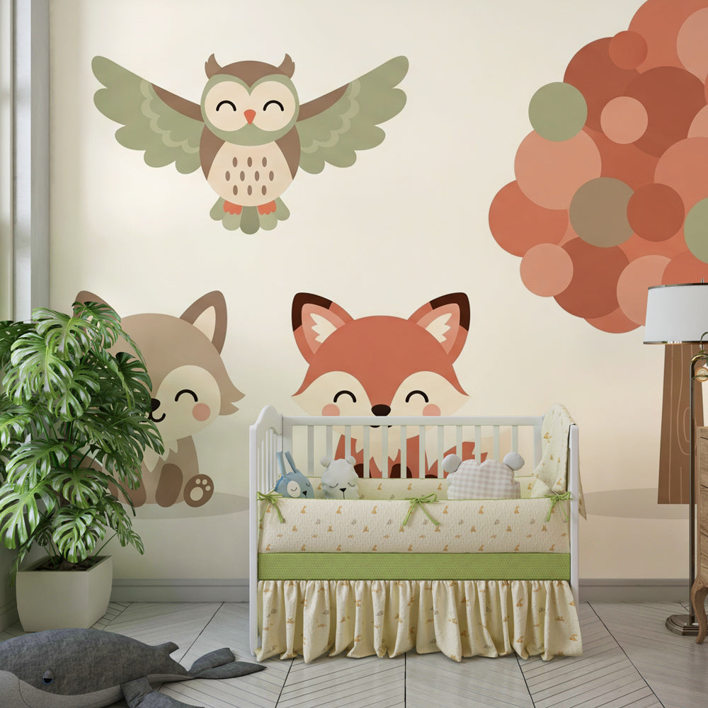 Woodland creatures wallpaper creating magical forest theme in children's bedroom