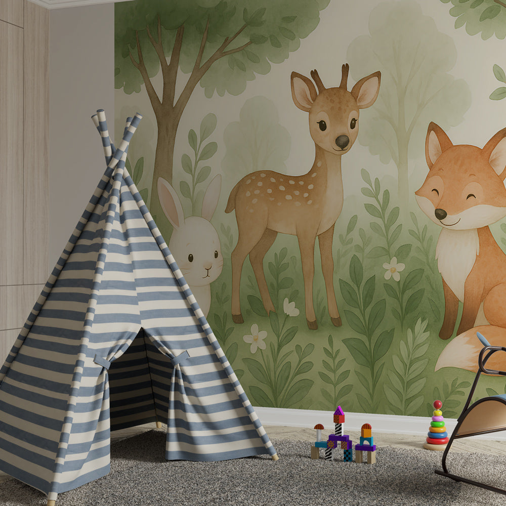 Woodland creatures wallpaper transforming children's bedroom into enchanted forest by Kids-Mundo