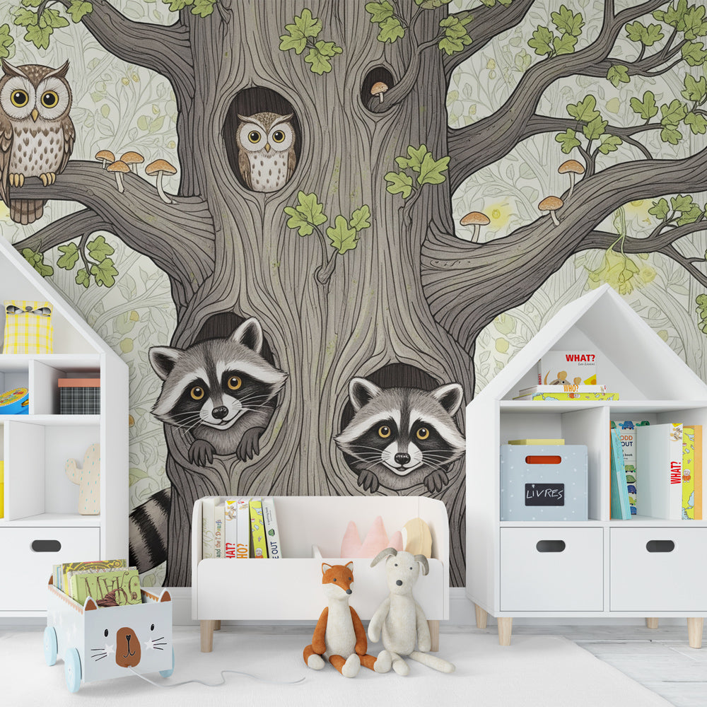 Woodland tree wallpaper featuring raccoons and owl in cozy children's bedroom decor