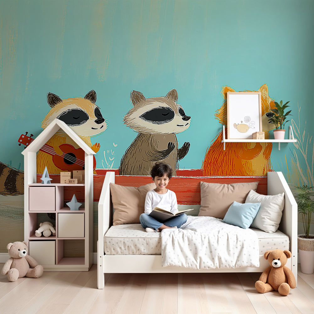 Forest animals mural wallpaper with musical theme in modern kids bedroom by Kids-Mundo