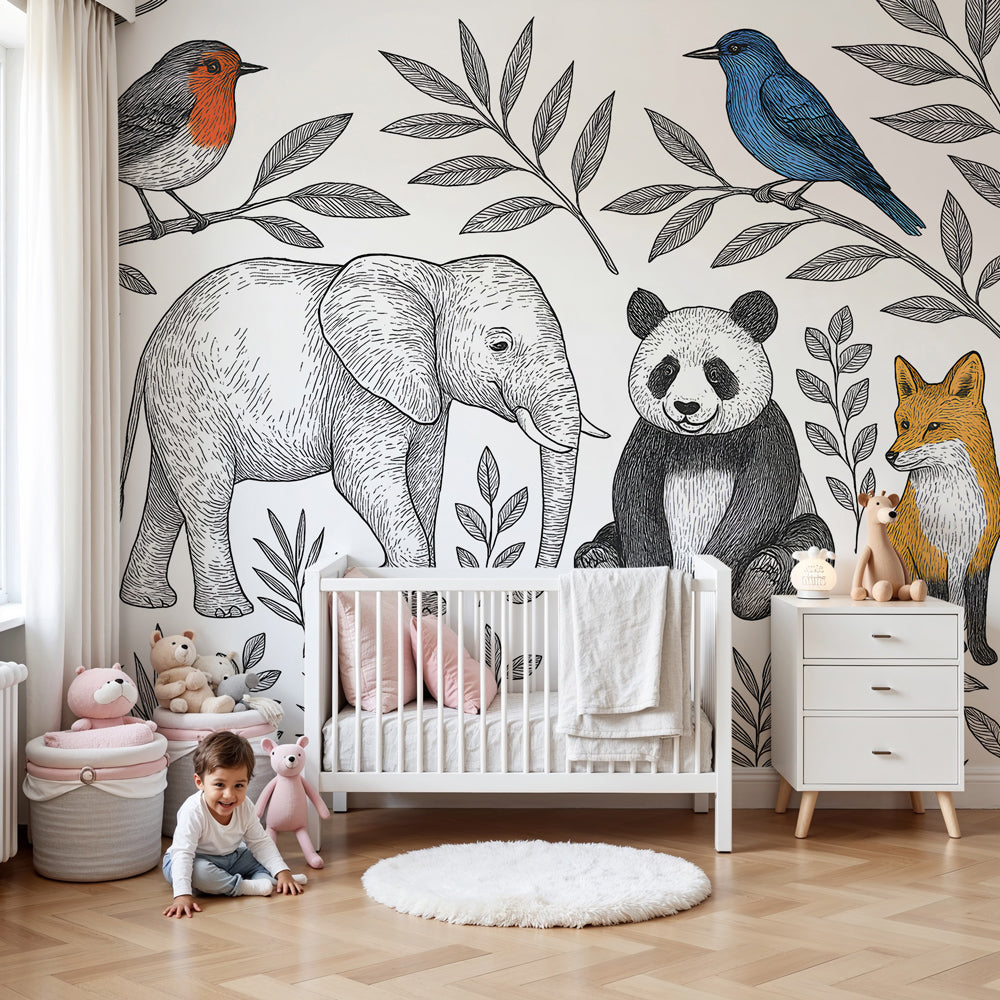 Forest animals mural wallpaper in modern nursery with black and white woodland creatures by Kids-Mundo