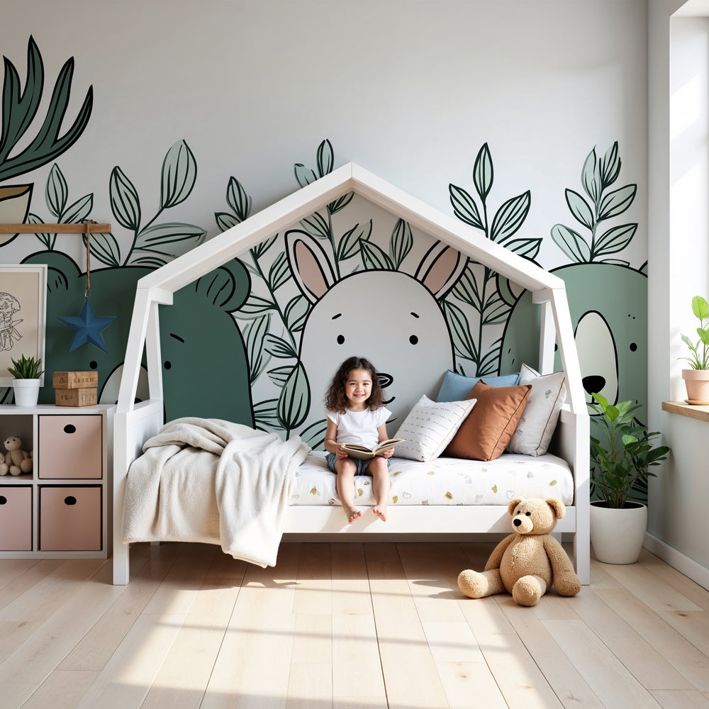 Forest animals mural wallpaper in bright nursery with woodland creatures and green foliage by Kids-Mundo