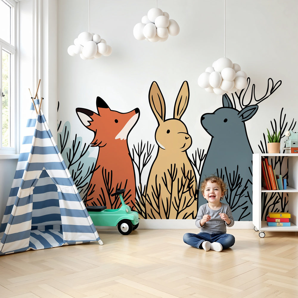 Forest animals mural wallpaper with fox rabbit and deer in peaceful nursery by Kids-Mundo