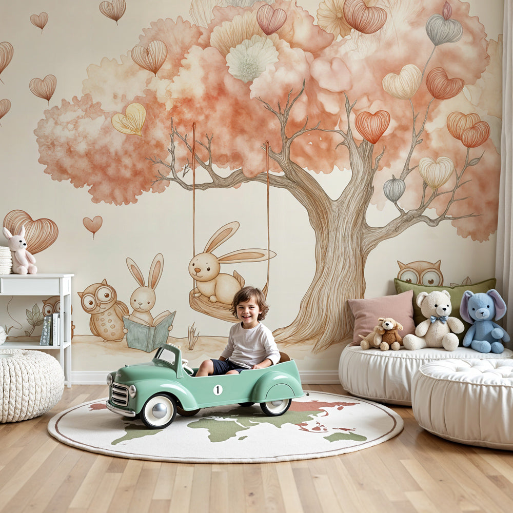Forest animals mural wallpaper with owls and rabbits in modern nursery by Kids-Mundo