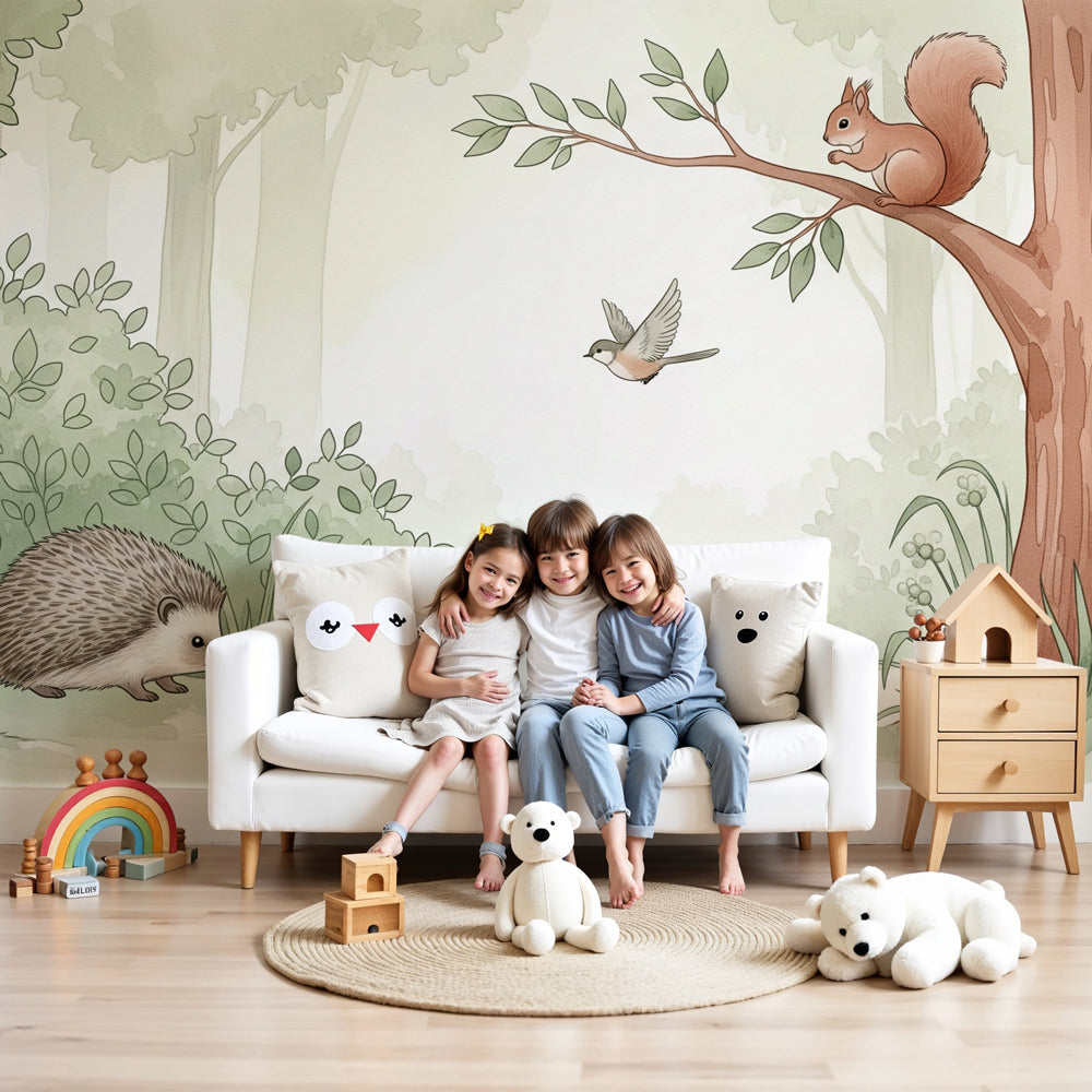 Forest animals mural wallpaper with deer and woodland creatures in serene nursery by Kids-Mundo