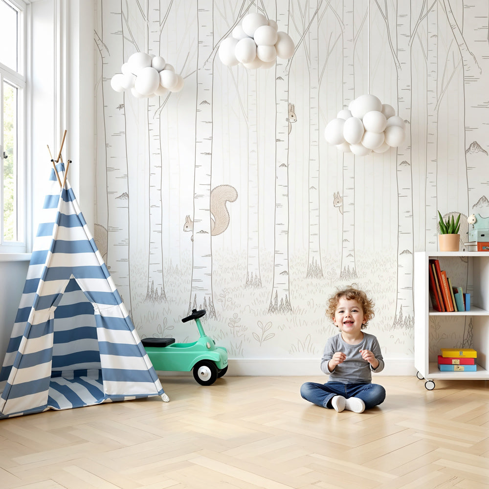 Enchanted forest animals mural wallpaper with squirrels in modern nursery by Kids-Mundo