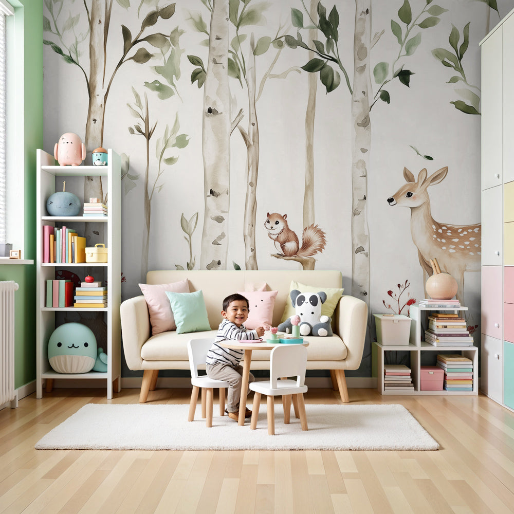 Enchanted forest animals mural wallpaper creating magical woodland nursery decor by Kids-Mundo