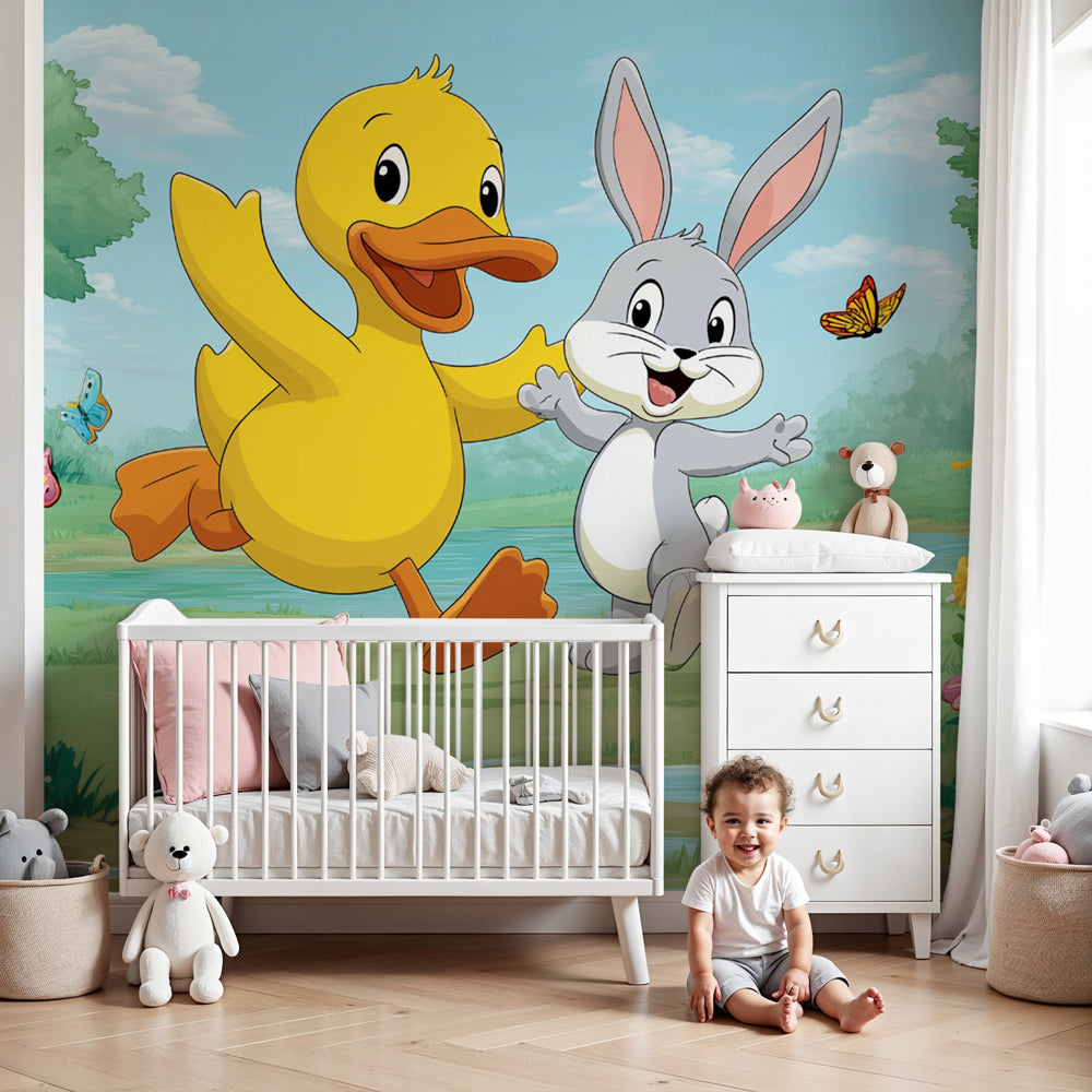 Forest animals mural wallpaper with duck and rabbit in modern nursery room by Kids-Mundo
