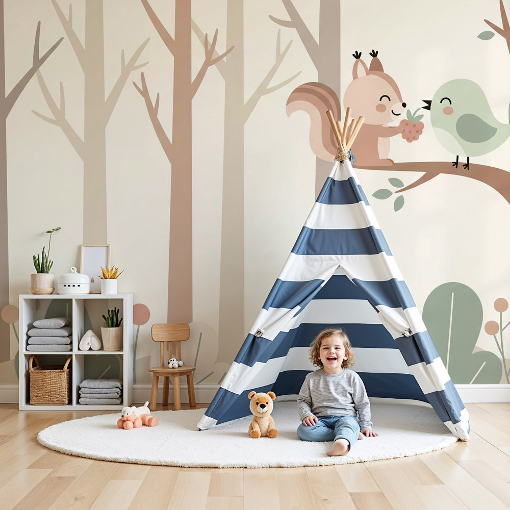 Forest animals mural wallpaper with squirrel and bird in peaceful nursery setting by Kids-Mundo