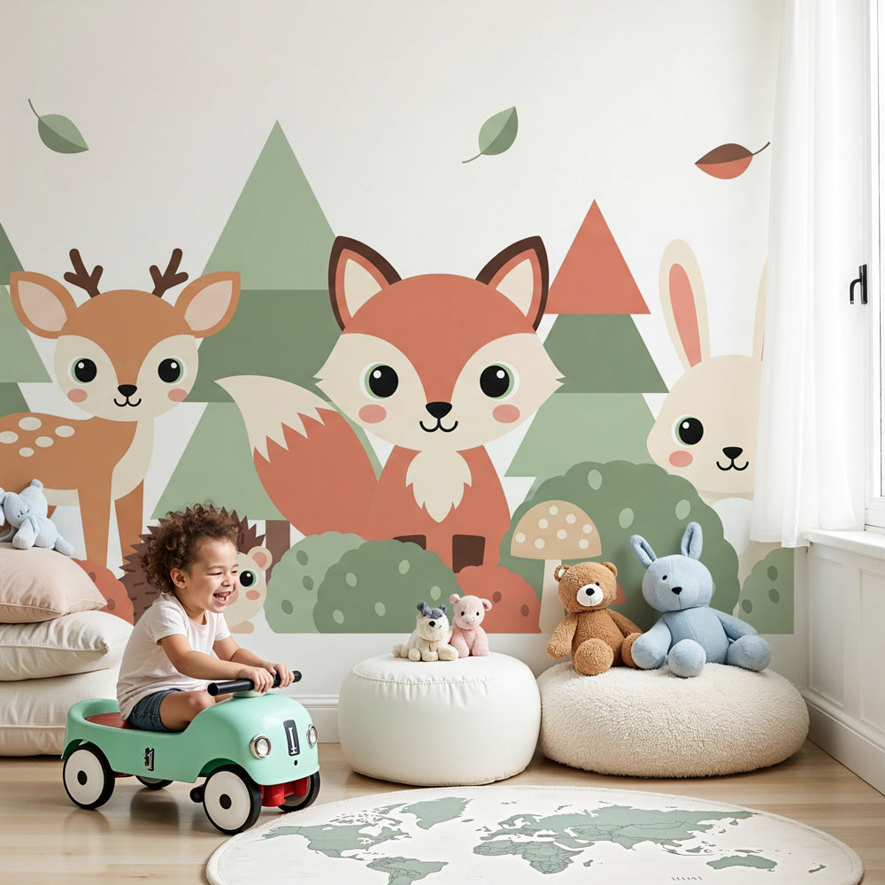 Forest animals mural wallpaper featuring woodland creatures in cozy nursery setting by Kids-Mundo