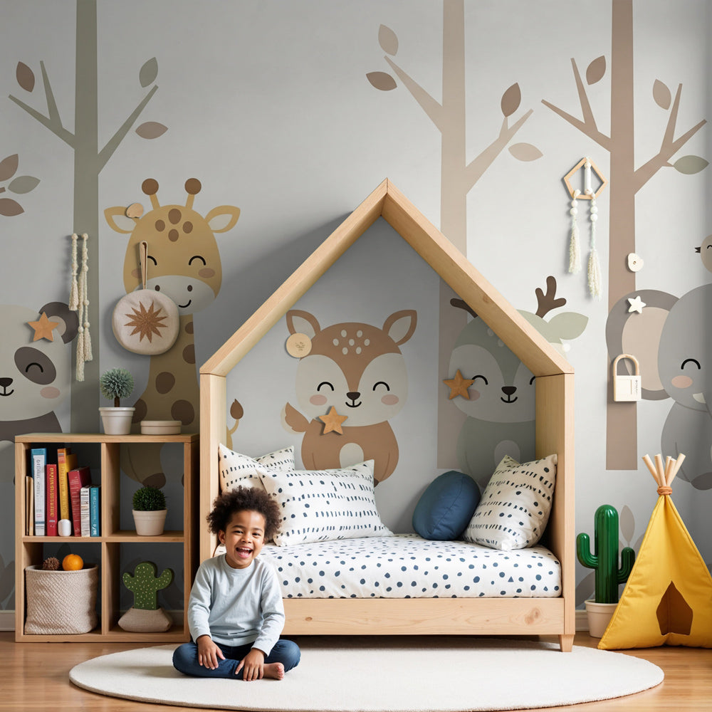 Forest animals mural wallpaper in bright nursery with wooden crib by Kids-Mundo
