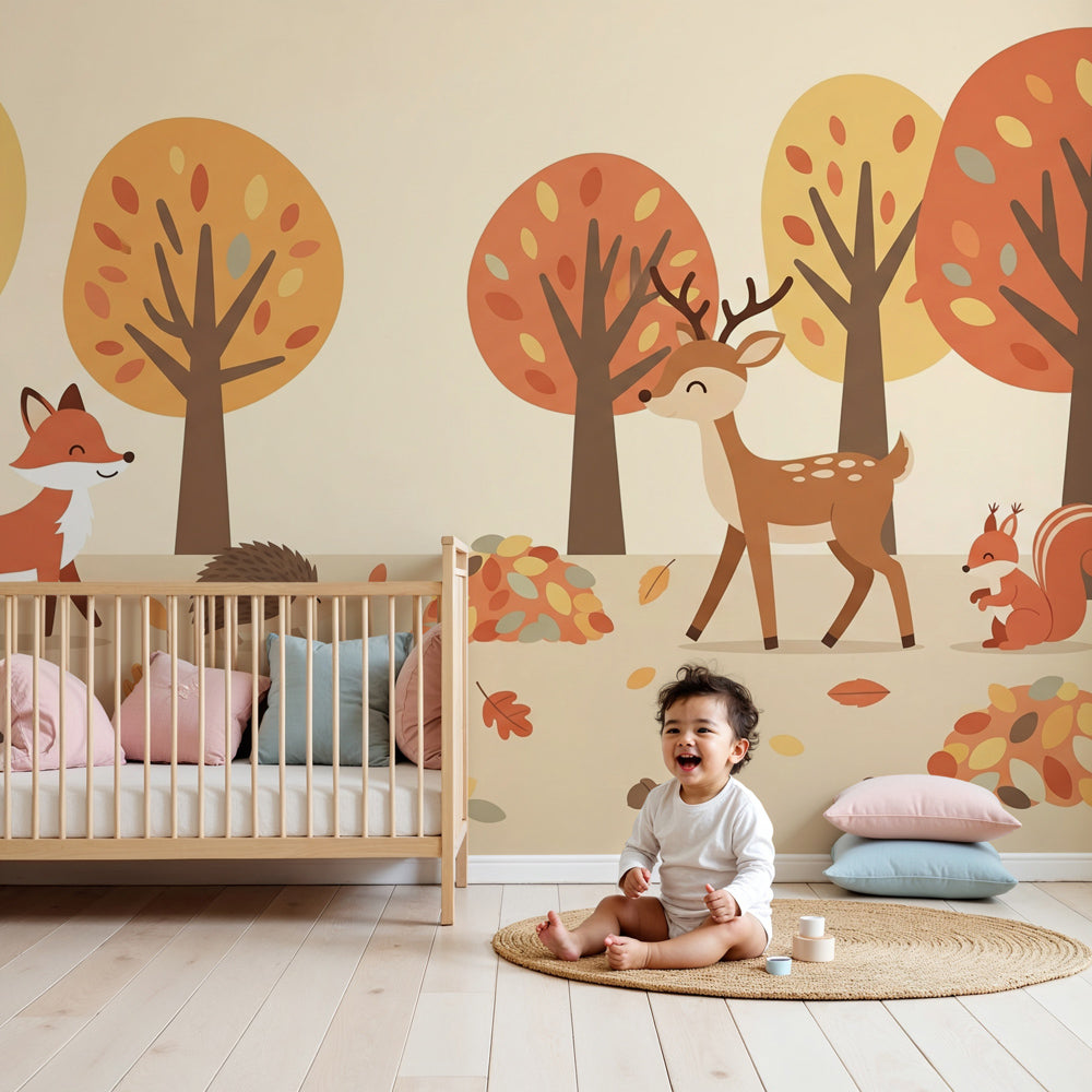 Forest animals mural wallpaper with autumn colors creating magical nursery decor by Kids-Mundo
