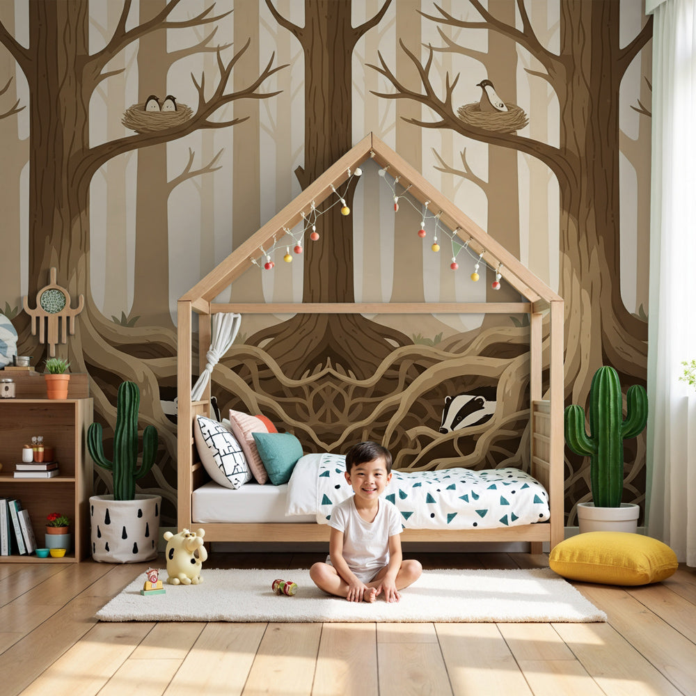 Forest animals mural wallpaper with badgers and birds in peaceful nursery setting by Kids-Mundo