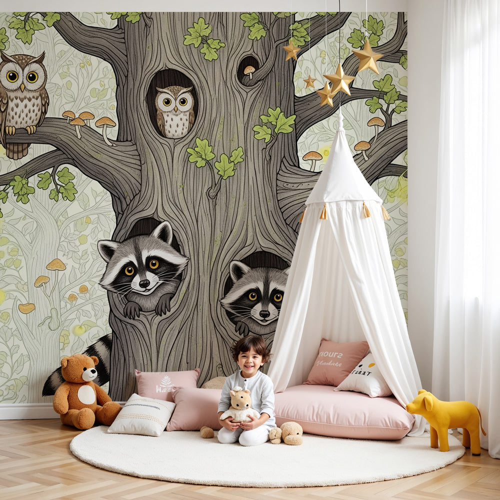 Forest animals mural wallpaper with woodland tree in modern nursery room by Kids-Mundo