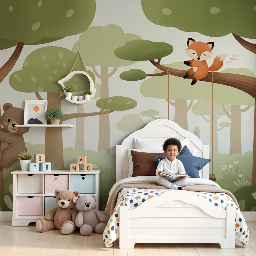 Forest animals mural wallpaper with bear and fox in serene nursery setting by Kids-Mundo