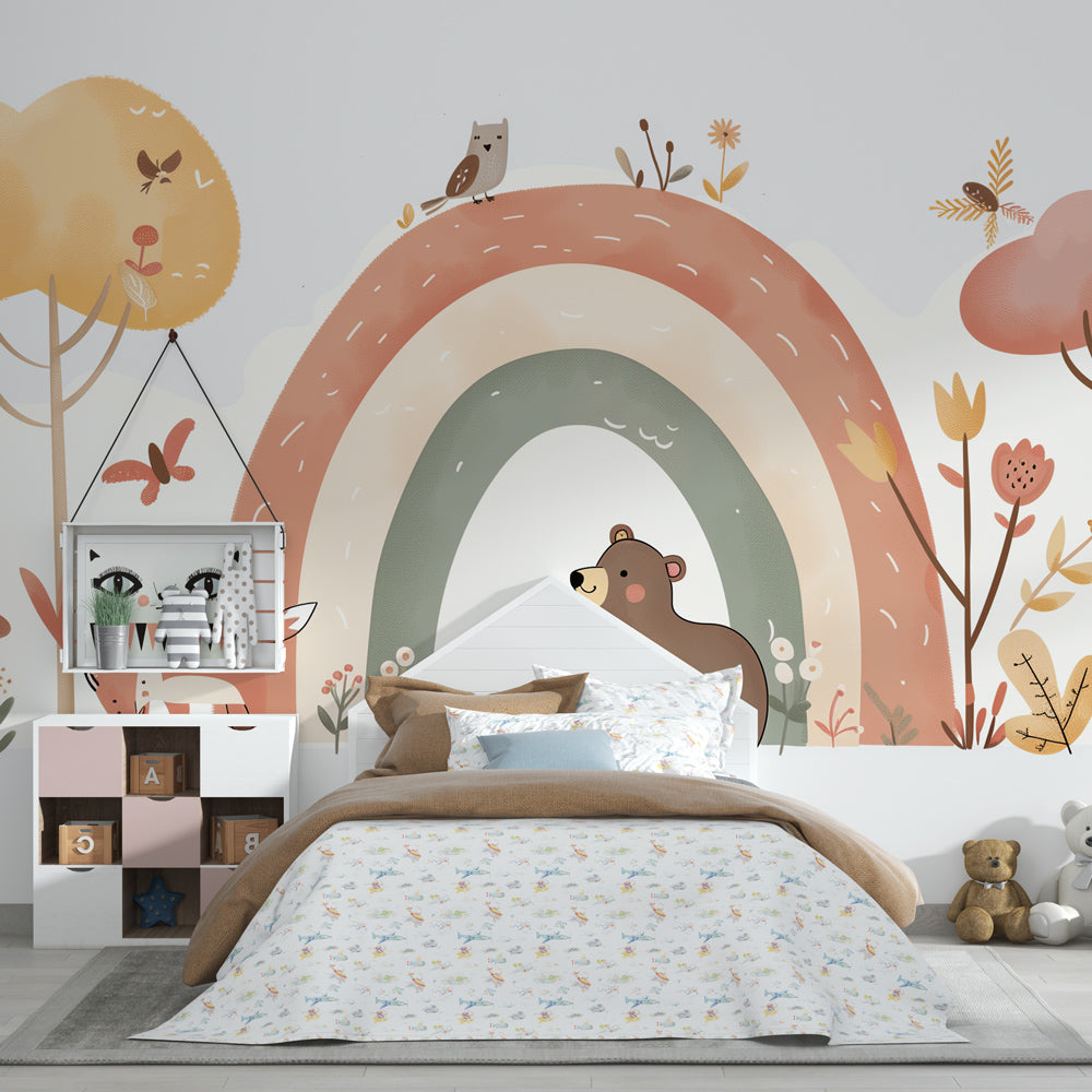 Woodland creatures wallpaper creating magical atmosphere in children's bedroom decor
