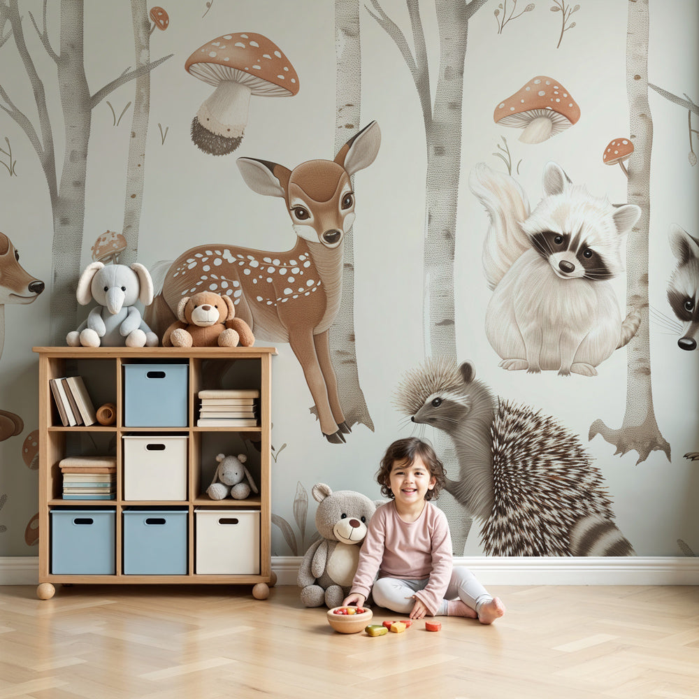 Forest animals mural wallpaper in elegant nursery with woodland creatures and birch trees by Kids-Mundo