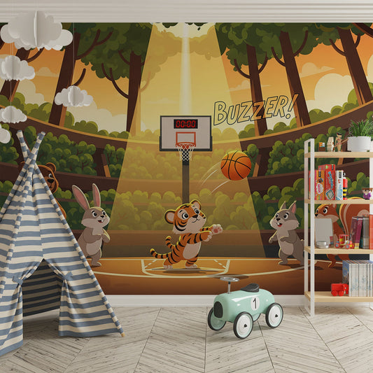 Kids-Mundo forest arena basketball wall mural styled on a kids bedroom feature wall