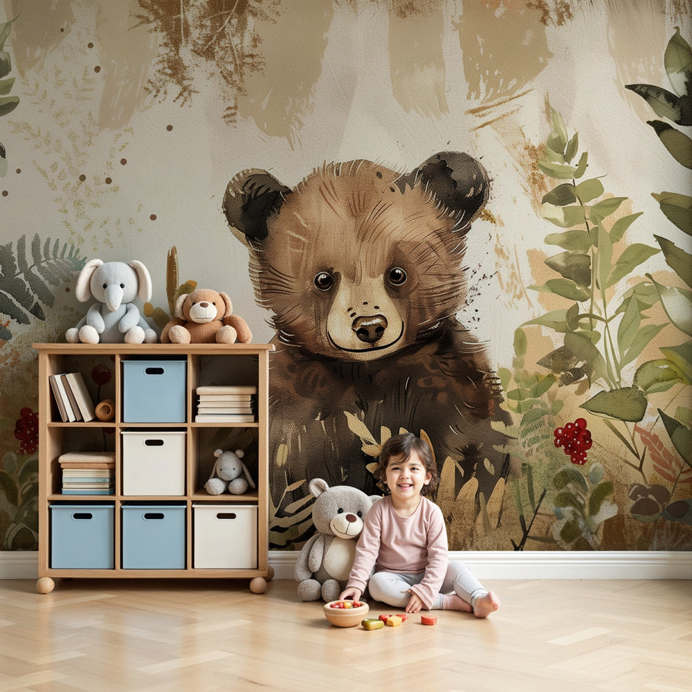 Forest bear mural wallpaper creating enchanted woodland nursery decor by Kids-Mundo