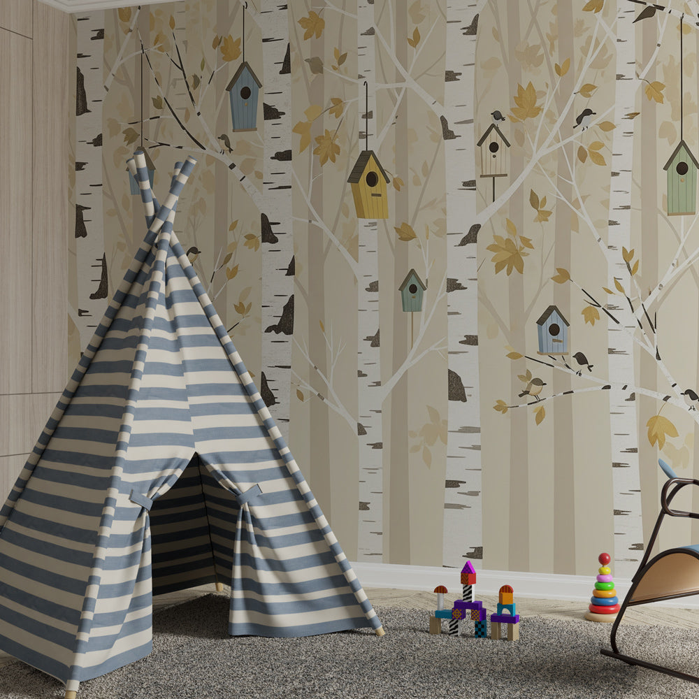 Enchanted woodland mural wallpaper creating magical children's bedroom atmosphere