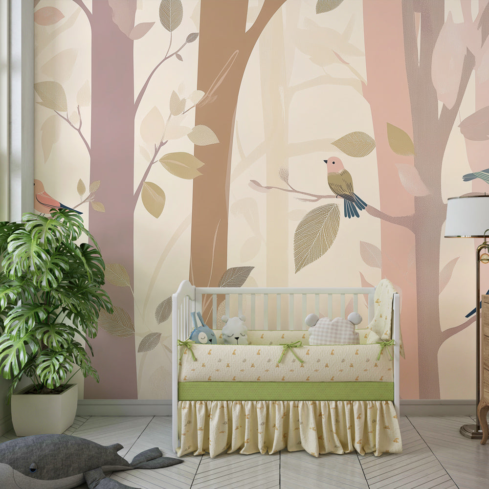 Forest theme mural wallpaper creating magical woodland atmosphere in children's bedroom