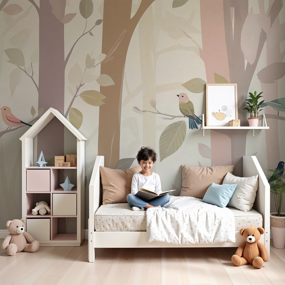 Enchanted forest birds mural wallpaper in modern nursery with pastel trees by Kids-Mundo