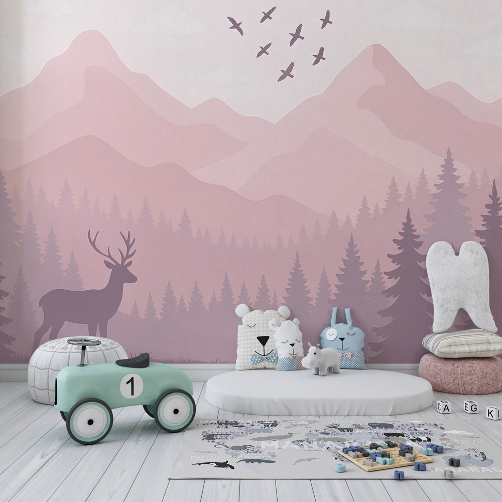 Pink mountain forest wallpaper with deer in modern children's bedroom by Kids-Mundo
