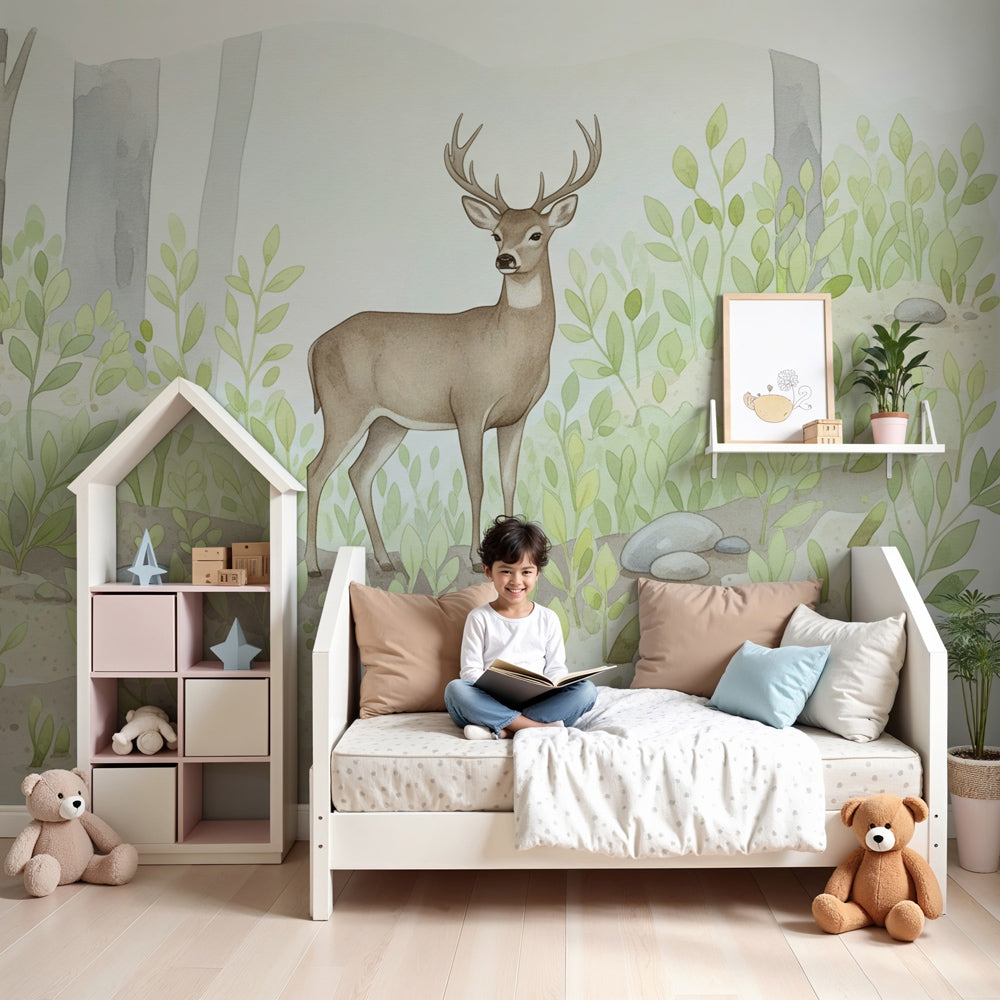 Forest deer mural wallpaper creating serene woodland nursery decor by Kids-Mundo