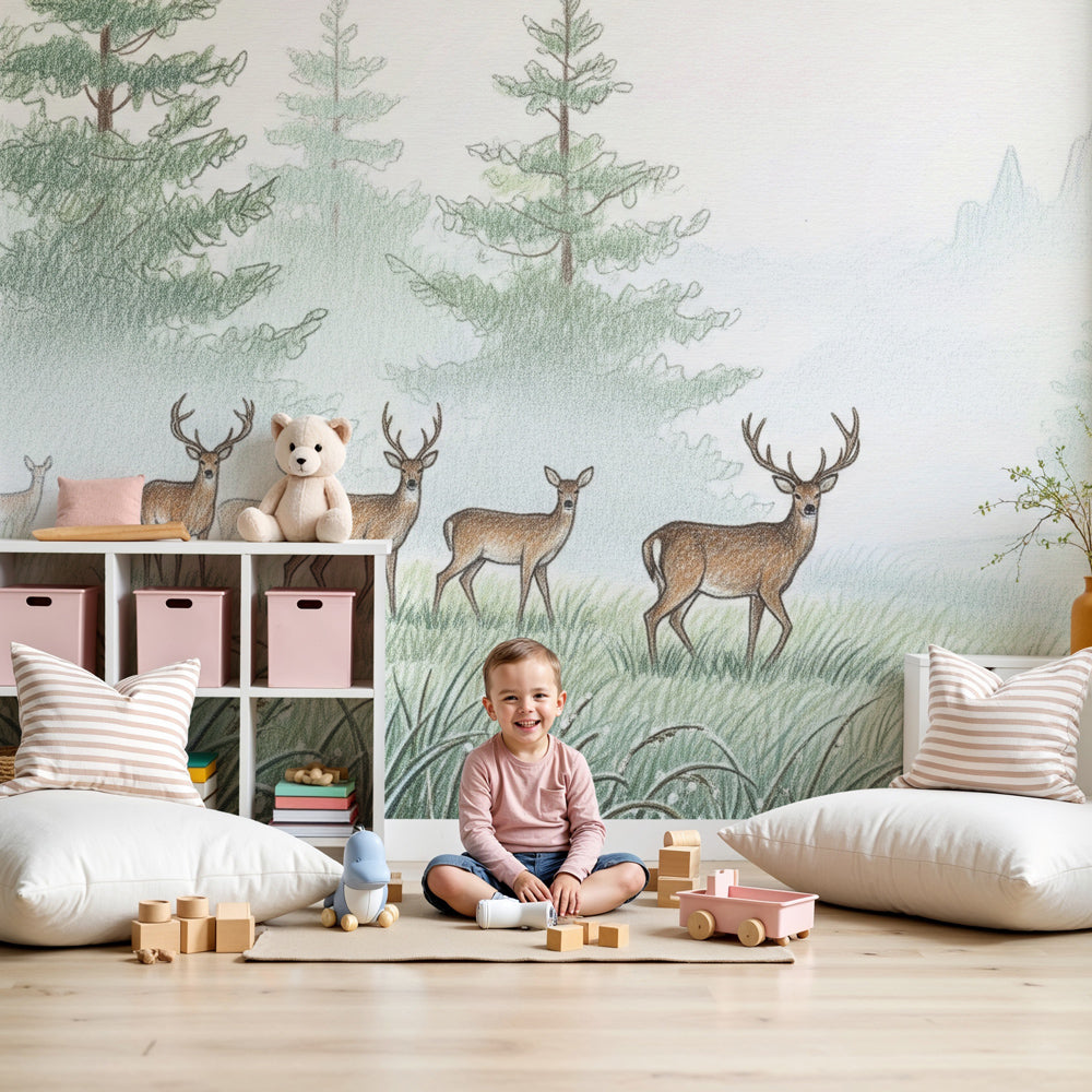 Forest deer mural wallpaper creating peaceful woodland nursery decor by Kids-Mundo