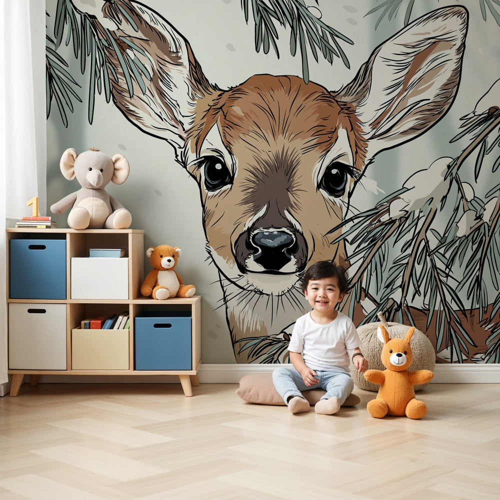 Forest deer mural wallpaper with curious fawn creating peaceful nursery decor by Kids-Mundo