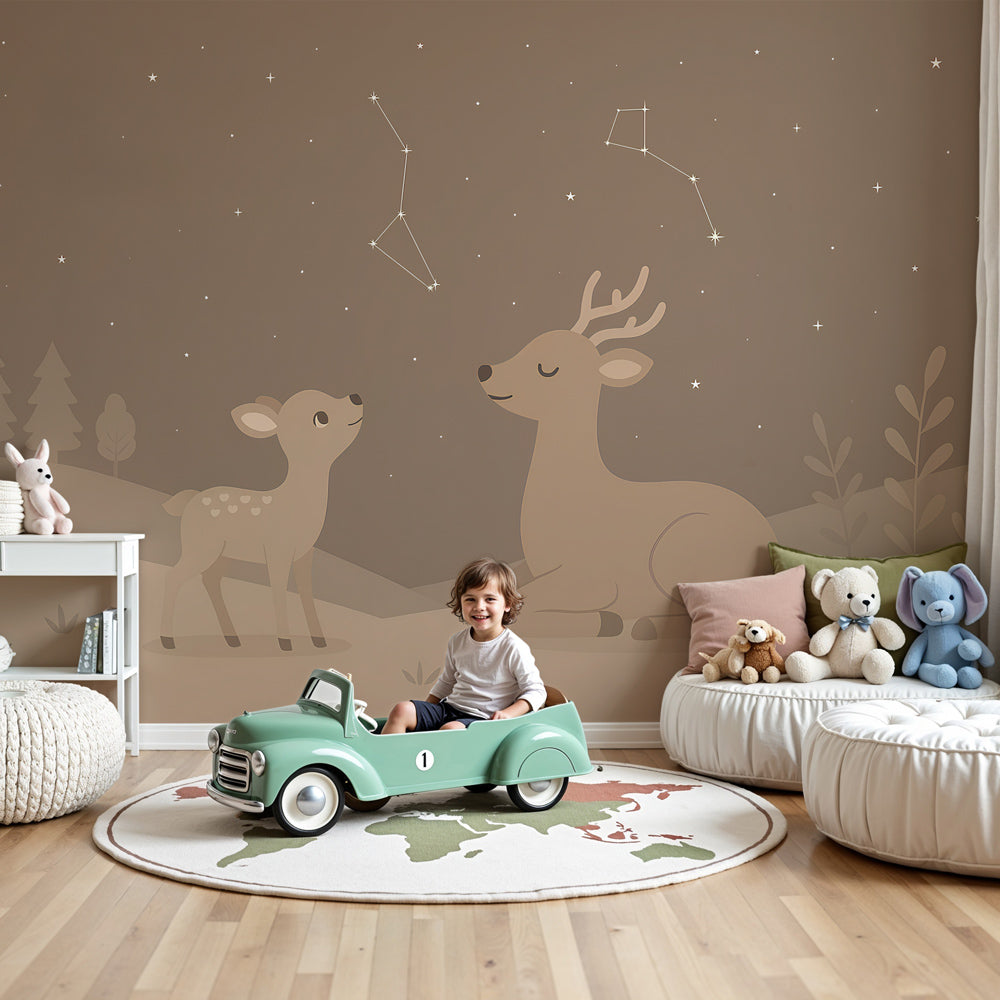 Forest deer starry night mural wallpaper in cozy kids nursery room by Kids-Mundo