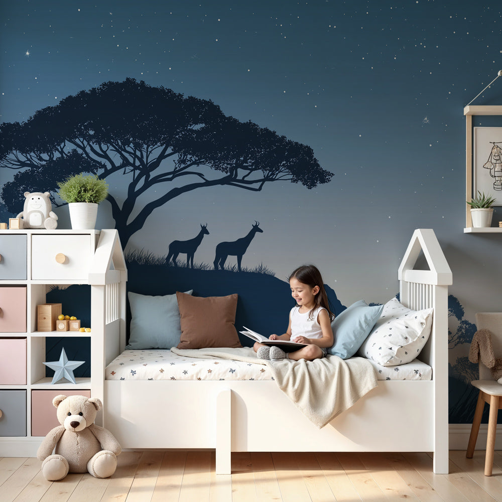 Forest deer mural wallpaper with starry night sky in modern nursery by Kids-Mundo
