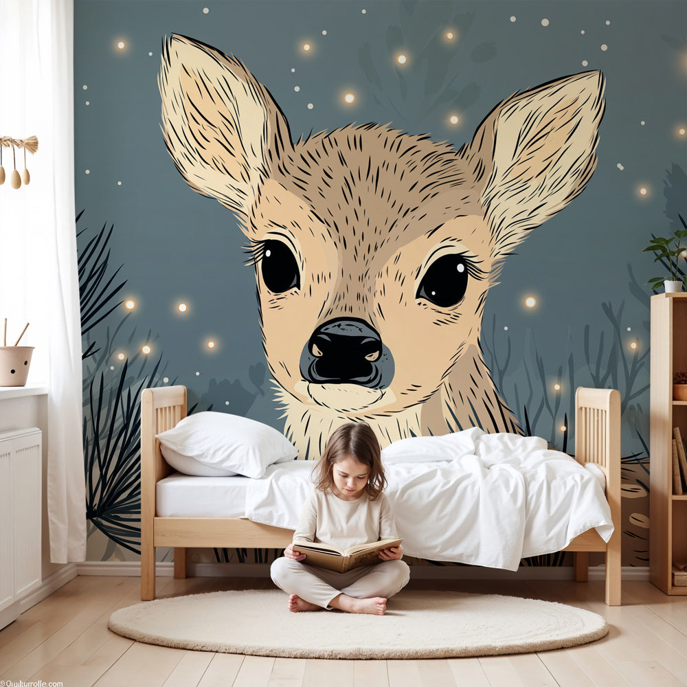 Forest deer mural wallpaper with elegant fawn in starry woodland nursery by Kids-Mundo