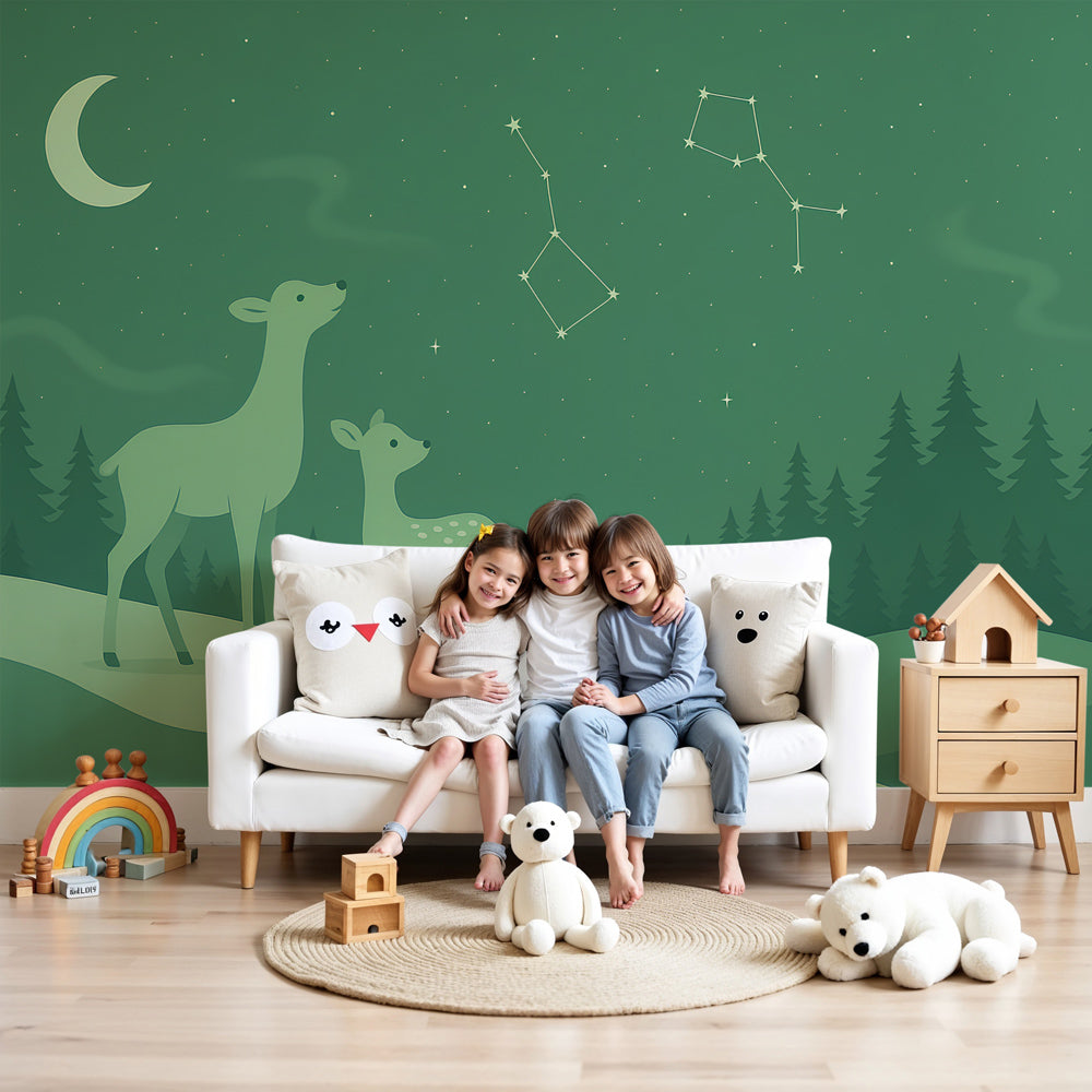 Forest deer starry night mural wallpaper in modern nursery with woodland decor by Kids-Mundo