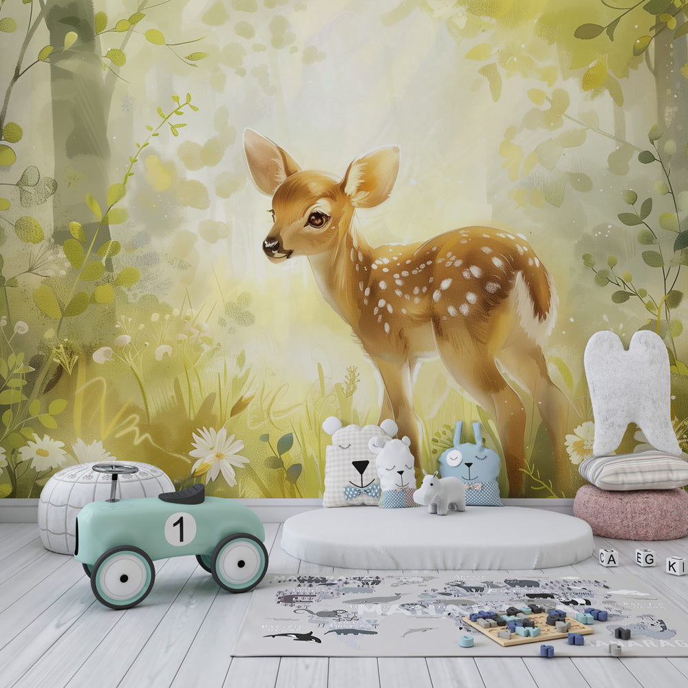 Enchanted woodland fawn wallpaper in modern baby bedroom with natural lighting