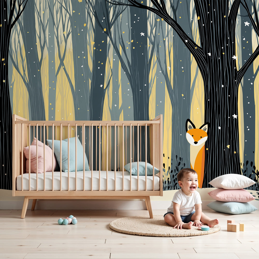 Forest fox mural wallpaper creating magical woodland atmosphere in children's bedroom by Kids-Mundo