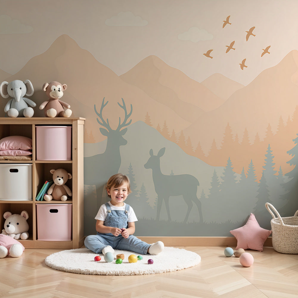 Forest fox mural wallpaper creating peaceful woodland nursery decor by Kids-Mundo