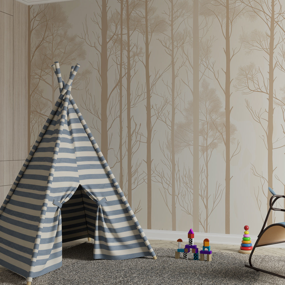 Soft toned forest wallpaper creating peaceful atmosphere in children's bedroom