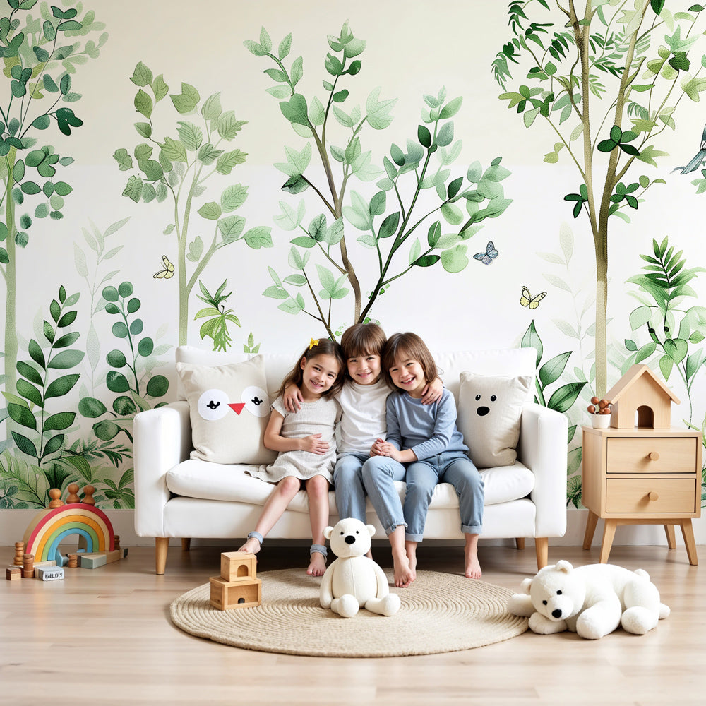 Enchanted forest mural wallpaper with butterflies creating magical nursery decor by Kids-Mundo