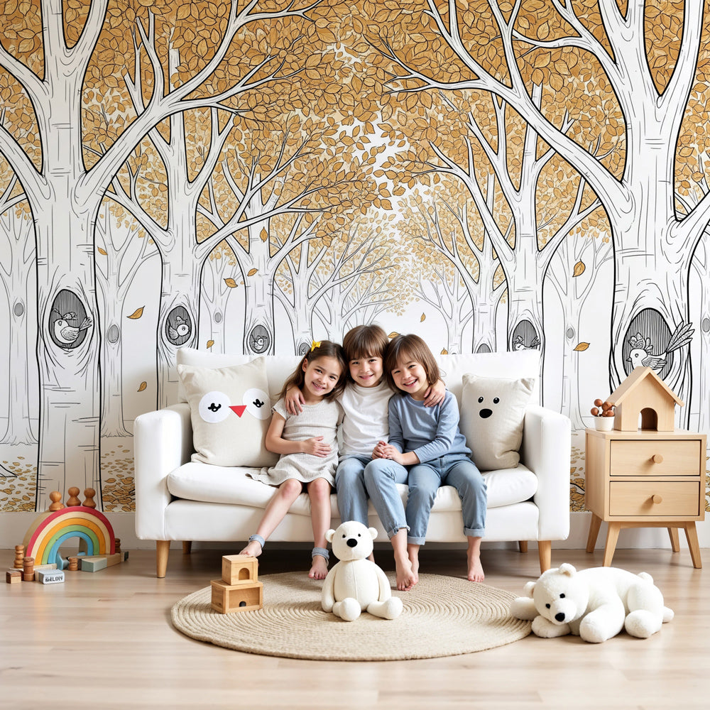 Golden forest mural wallpaper with white birch trees in modern kids bedroom by Kids-Mundo