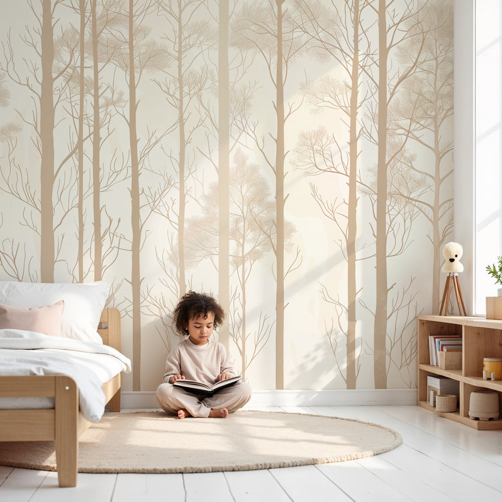 Minimalist forest mural wallpaper with slender trees in modern nursery by Kids-Mundo
