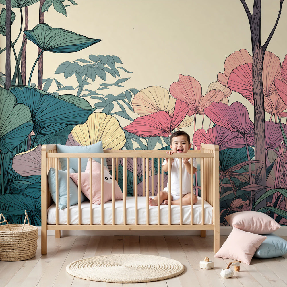 Forest mural wallpaper with pastel leaves in modern nursery room by Kids-Mundo
