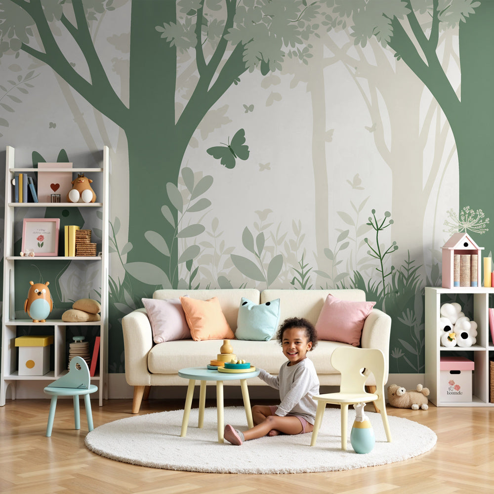 Enchanted forest mural wallpaper with rabbits and butterflies in modern nursery by Kids-Mundo