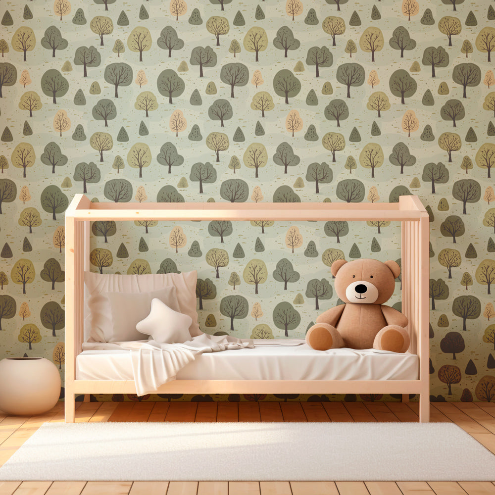 Woodland trees mural wallpaper transforming modern nursery with natural forest theme