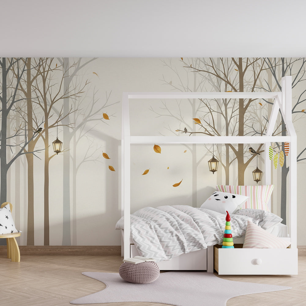 Serene woodland mural wallpaper creating magical atmosphere in kids bedroom with neutral tones