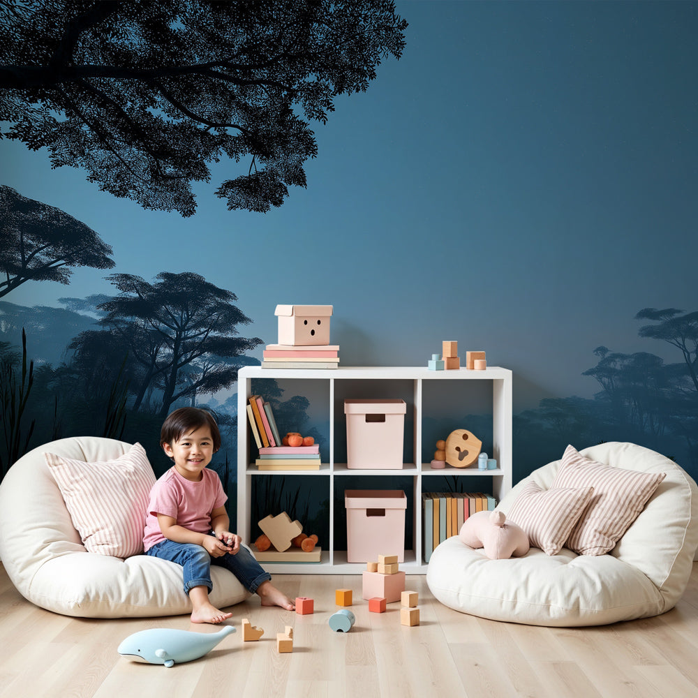 Forest night mural wallpaper creating magical woodland atmosphere in modern kids bedroom by Kids-Mundo